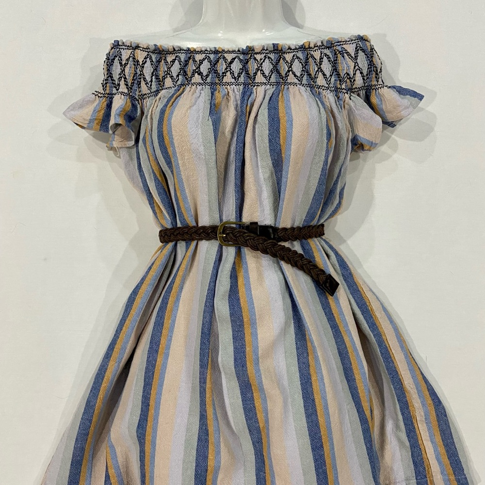 Stripe off shoulder Flow Dress with belt